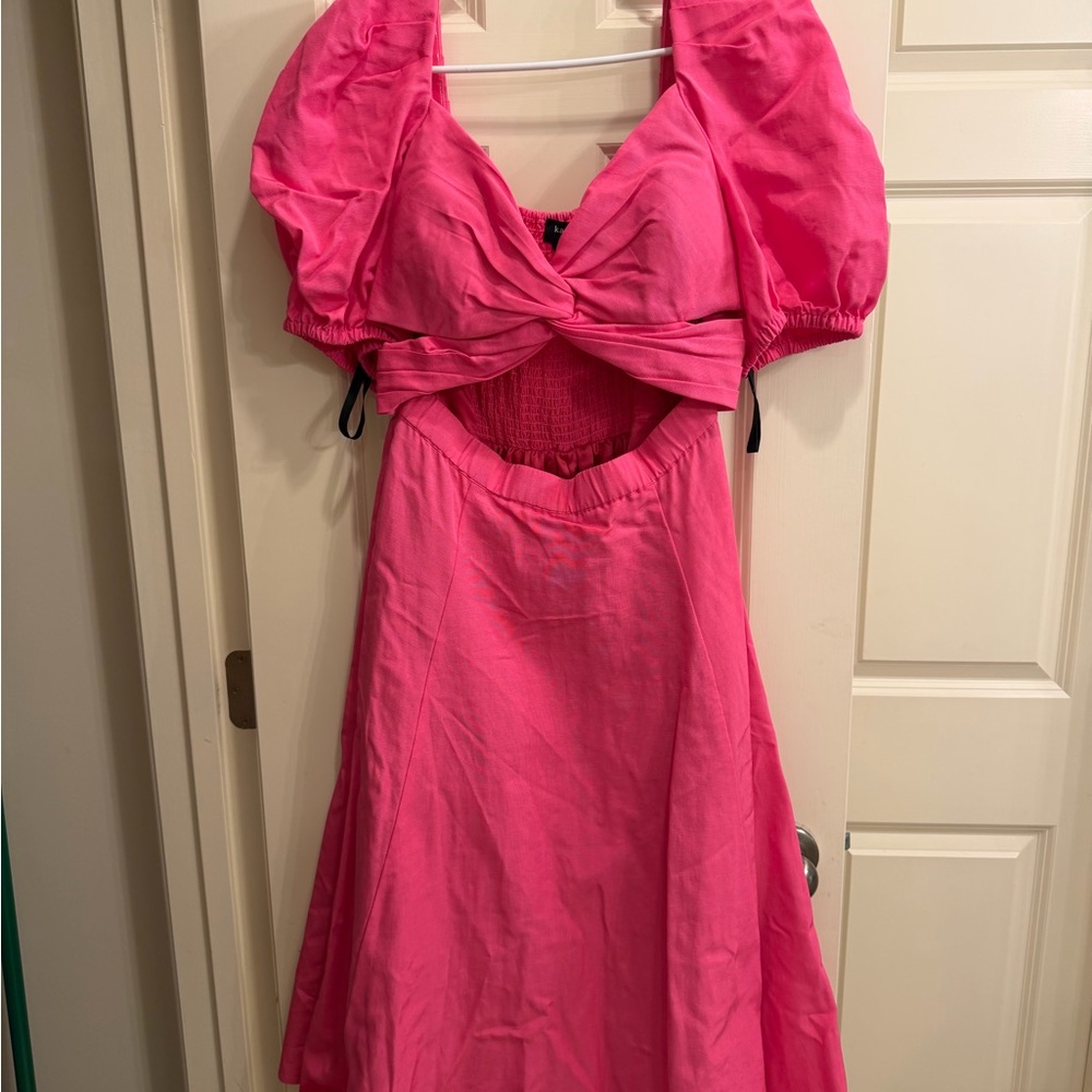 Kate Spade New York Twist Bodice Puff Sleeve Midi Dress in pink - Picture 2 of 4
